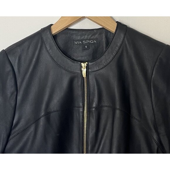 New Via Spiga Black Leather Stretch Fabric Combo Zip Moto Jacket - Picture 8 of 13